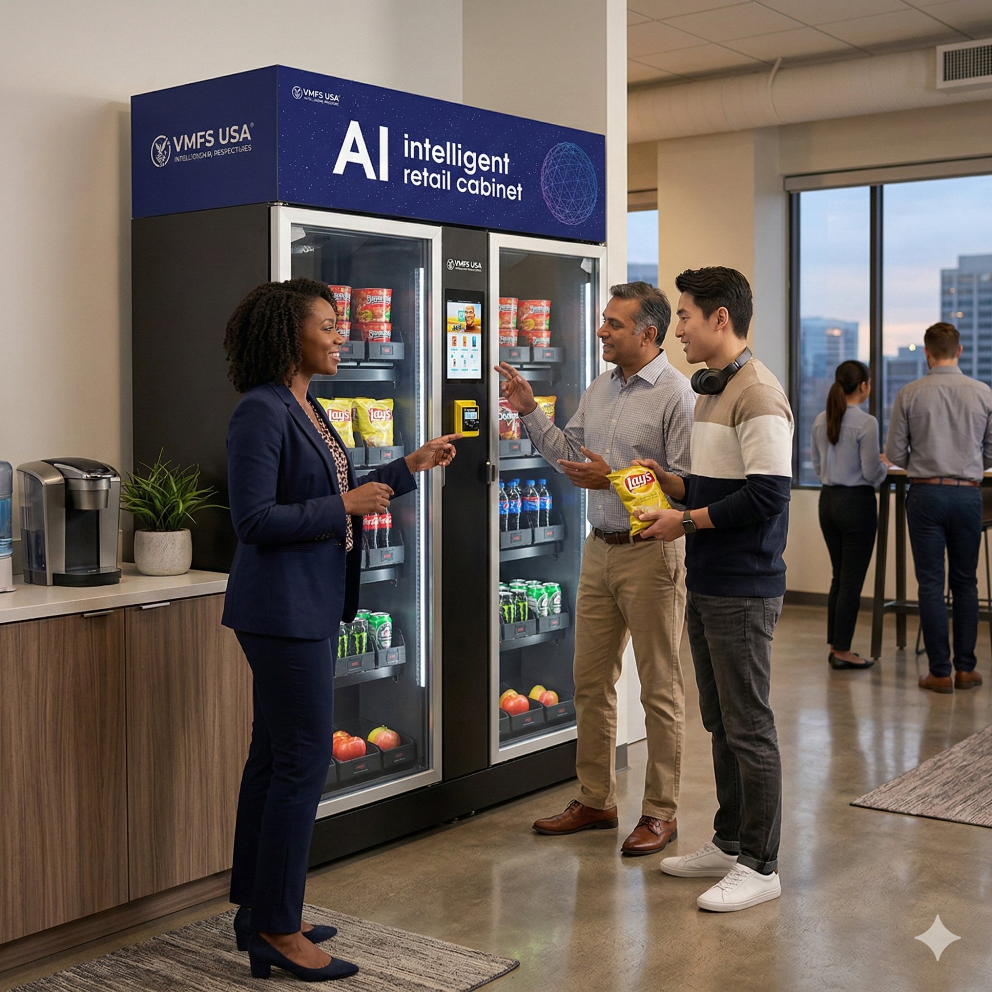 VMFS USA AI intelligent retail cabinet in a modern office breakroom